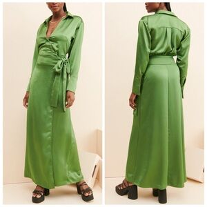Free People Emma Tuxedo Wrap Satin Long Sleeve Maxi Dress in Guacamole | Small